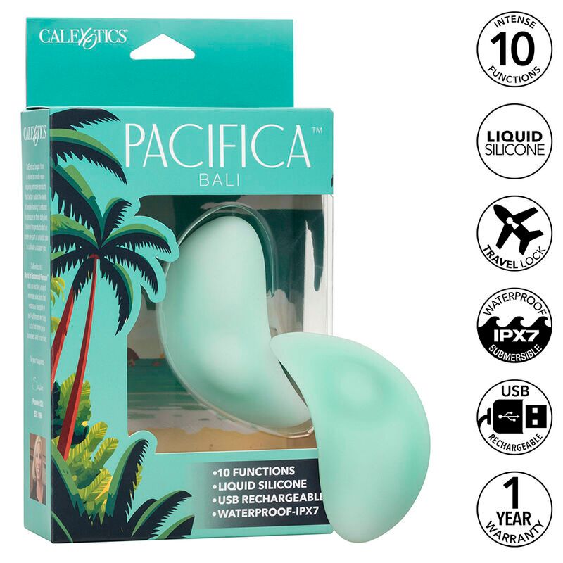 Türkisfarbener Vibrator in Verpackung. Aufschrift: PACIFICA BALI, 10 Funktionen, Liquid Silicone, USB, wasserdicht IPX7, 1 Jahr Garantie.