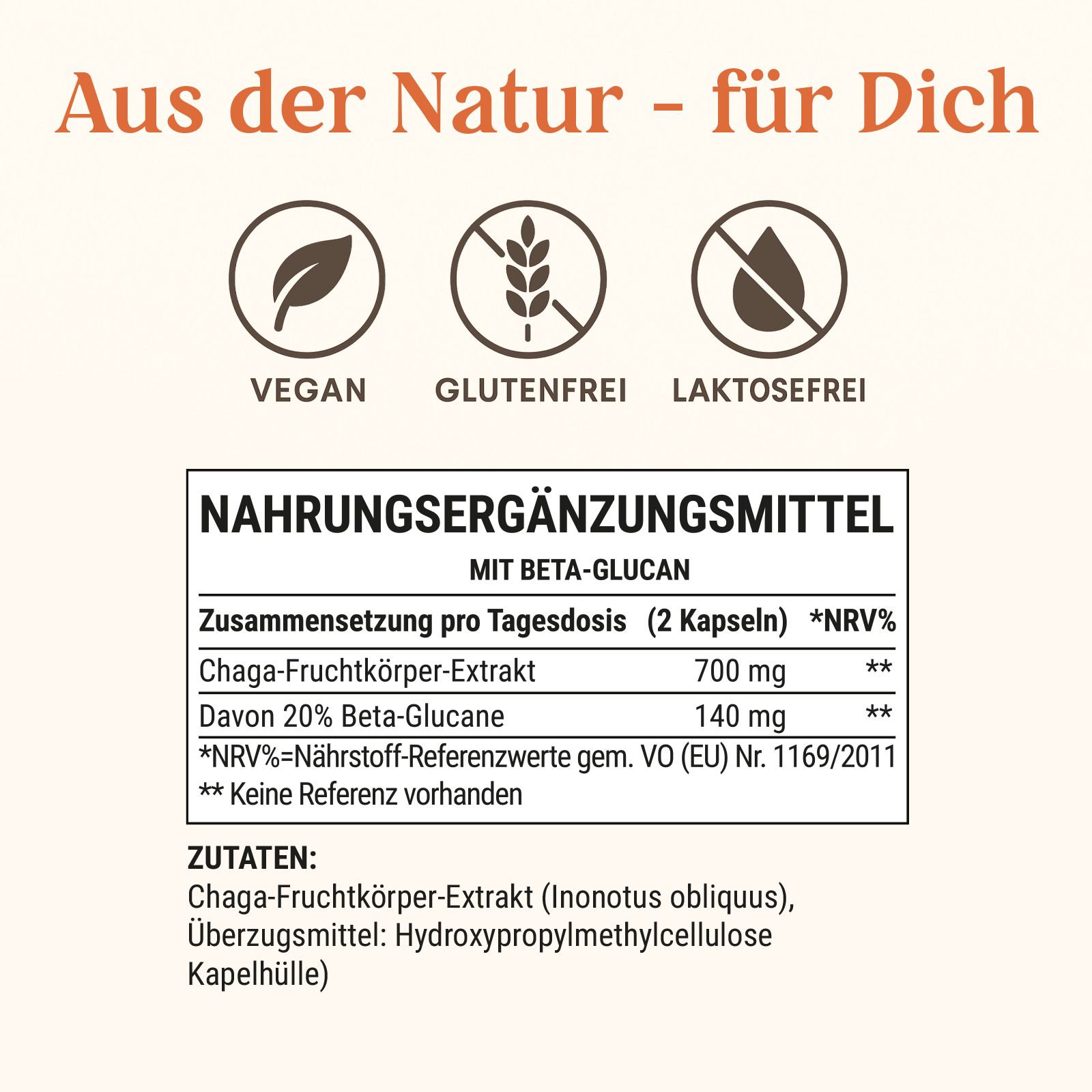 Text mit Informationen zu SHROOMY Chaga Kapseln. Siegel: Vegan, Glutenfrei, Laktosefrei. Tabelle mit Nährwertangaben pro 2 Kapseln.