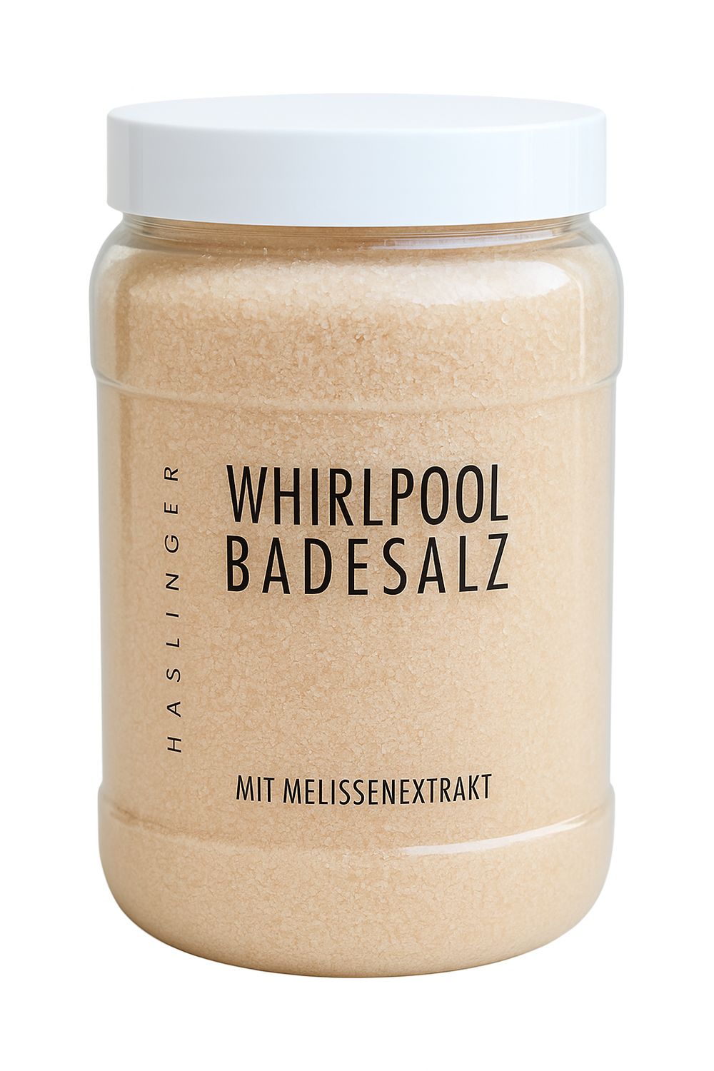Transparente Dose mit weißem Deckel. Aufschrift: HASLINGER, WHIRLPOOL BADESALZ, MIT MELISSENEXTRAKT. Inhalt: hellbraunes Badesalz.