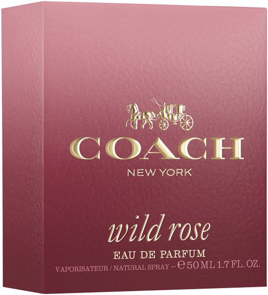 Verpackung mit Logo und Schriftzug "Coach New York". Darunter "wild rose" und "EAU DE PARFUM".
