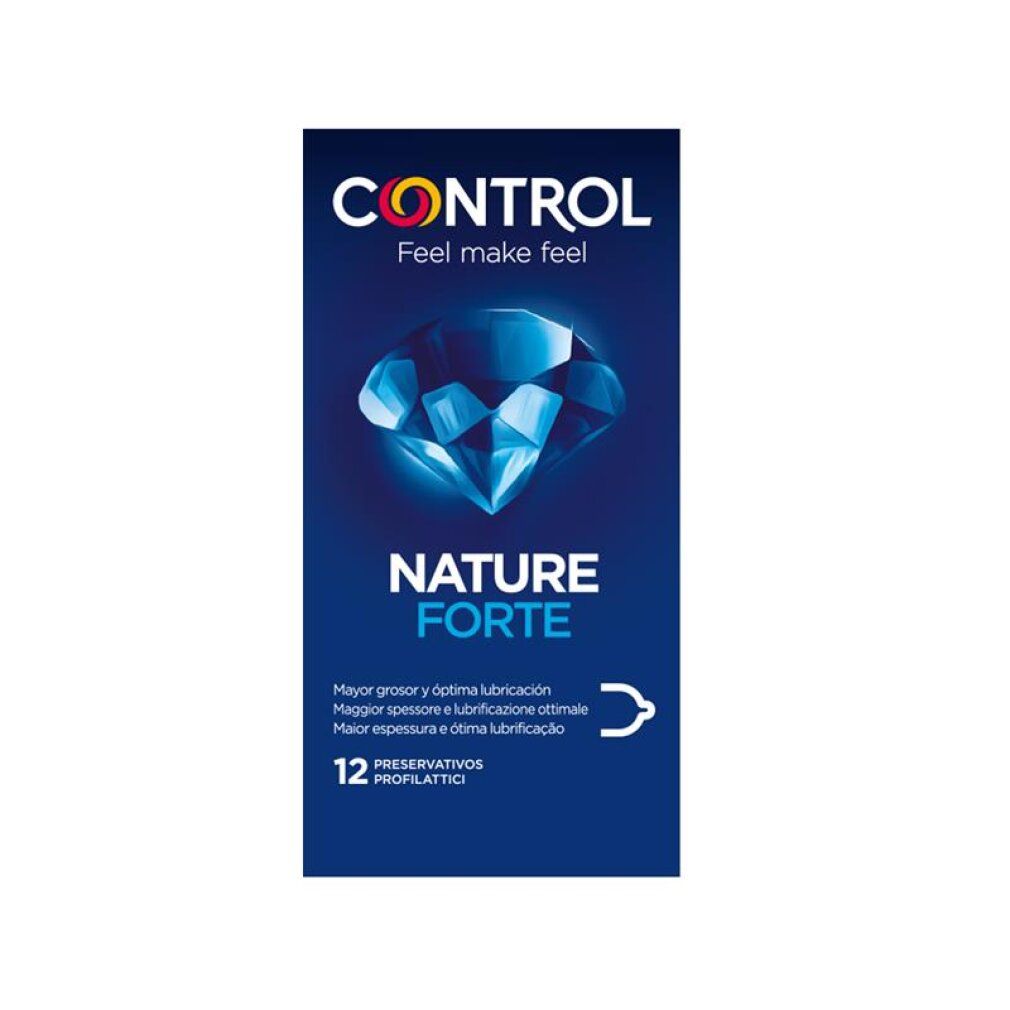 Control Nature Forte Kondomverpackung, 12 Stück, blaue Box mit Diamant-Grafik.