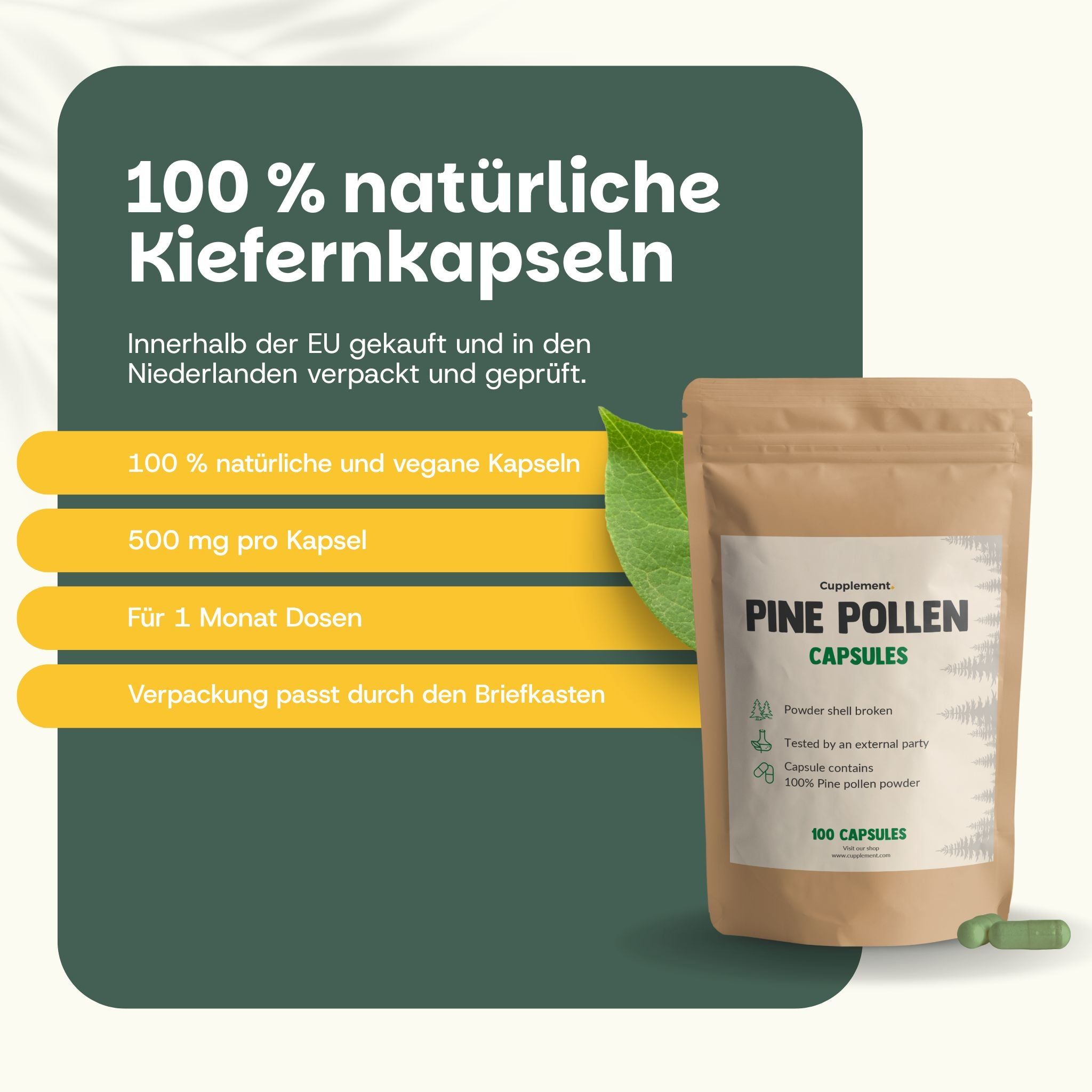 Text: 100 % natürliche Kiefernkapseln. 100 % natürlich und vegan. 500 mg pro Kapsel. Für 1 Monat Dosen.