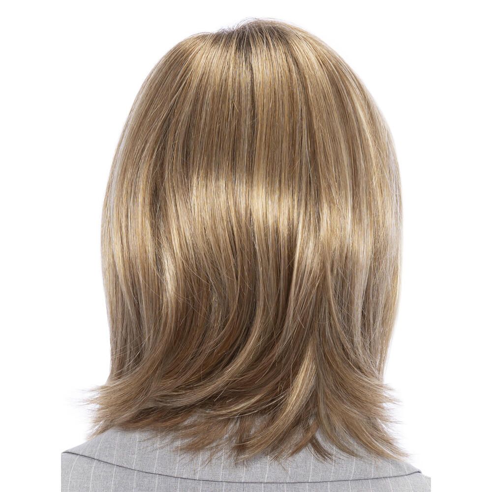 Perücke Megan von trendhair. Blondes Haar mit Strähnen, schulterlang, gestuft geschnitten. Rückansicht.