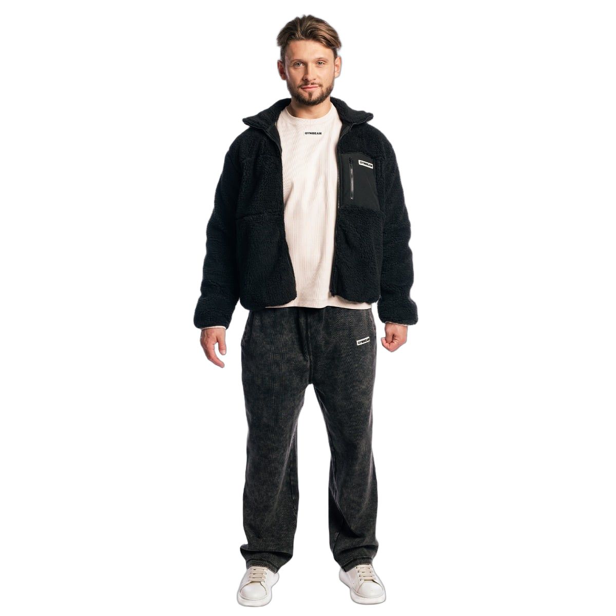 GymBeam Jacke Herren Sherpa oversized aus Polyester mit Reißverschluss Schwarz