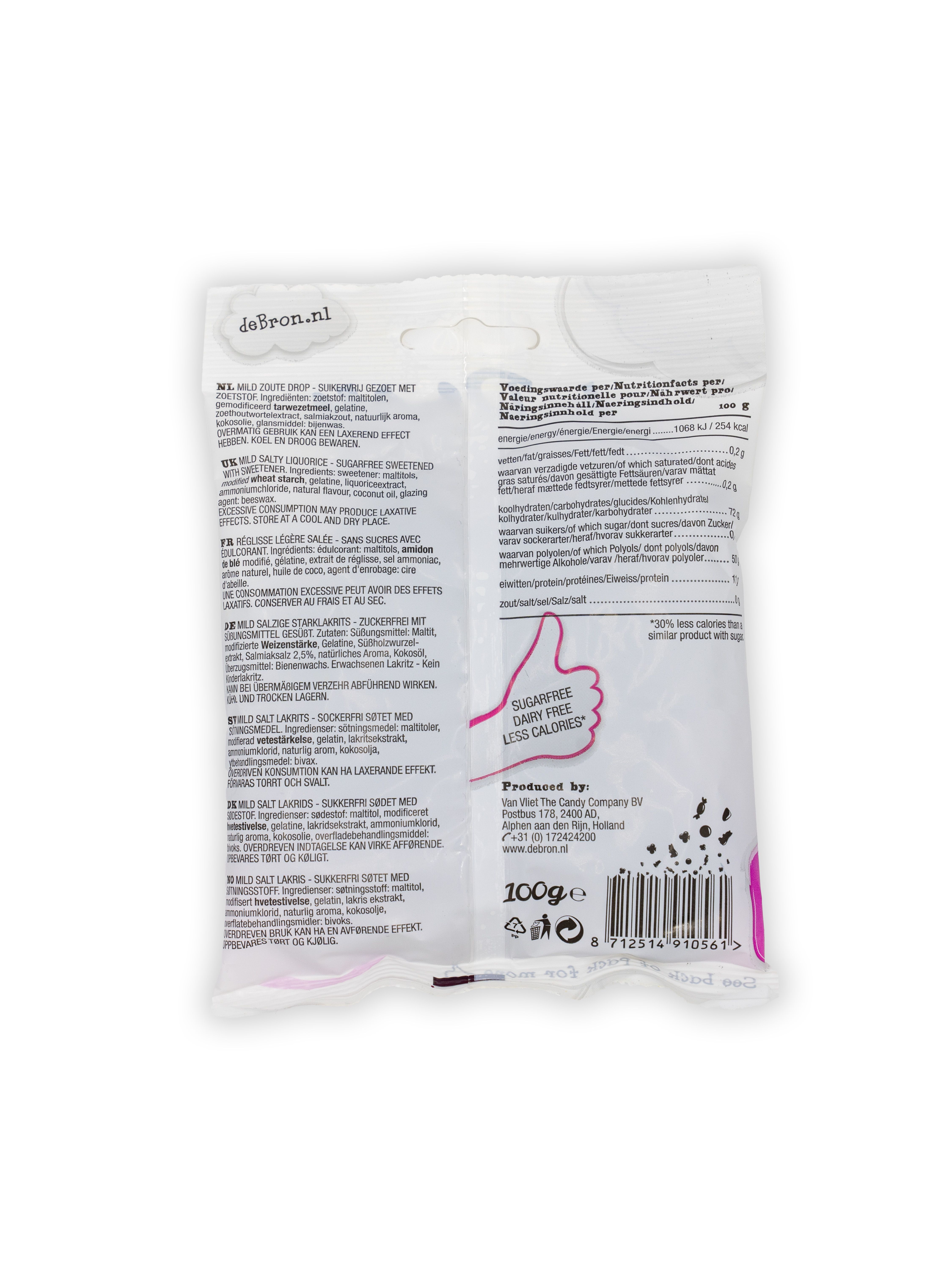 Rückseite der De Bron Lakritz-Münzen-Verpackung. Text in mehreren Sprachen. Aufdruck: "sugarfree, less calories".