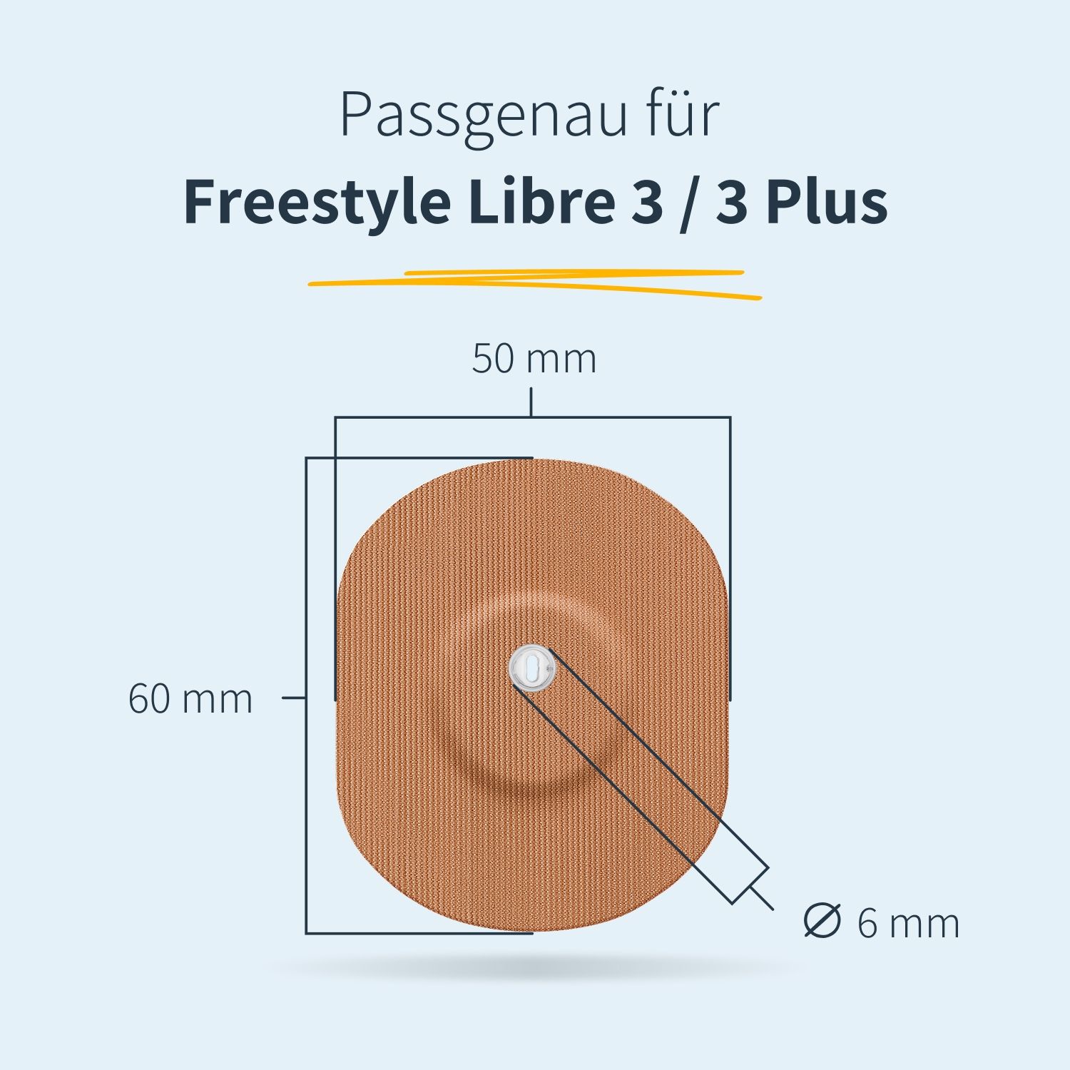 Ovales Pflaster mit Maßen: 60 mm x 50 mm, Loch Ø 6 mm. Passgenau für Freestyle Libre 3/3 Plus.