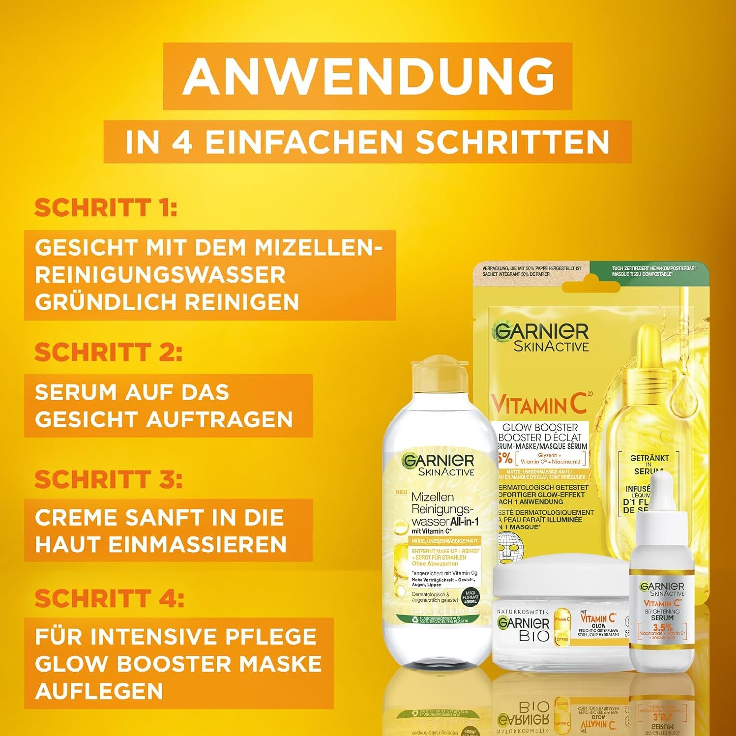 Anwendung in 4 Schritten. Produkte: Mizellen Reinigungswasser, Serum, Creme, Maske. Gelbe und weiße Verpackungen.