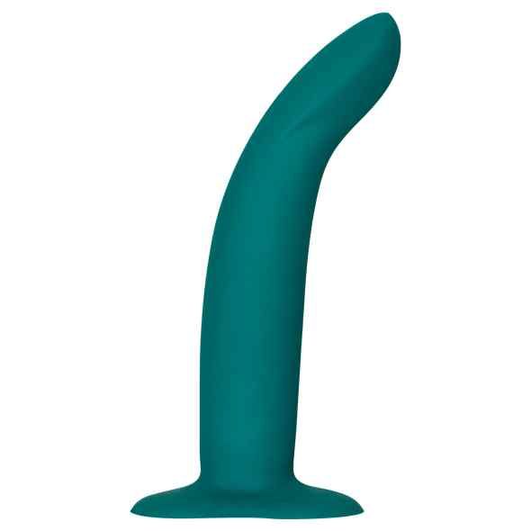 Gebogenes, blaugrünes Wellness-Produkt mit breiter Basis. Geformt für Intimität. Aus weichem Material.