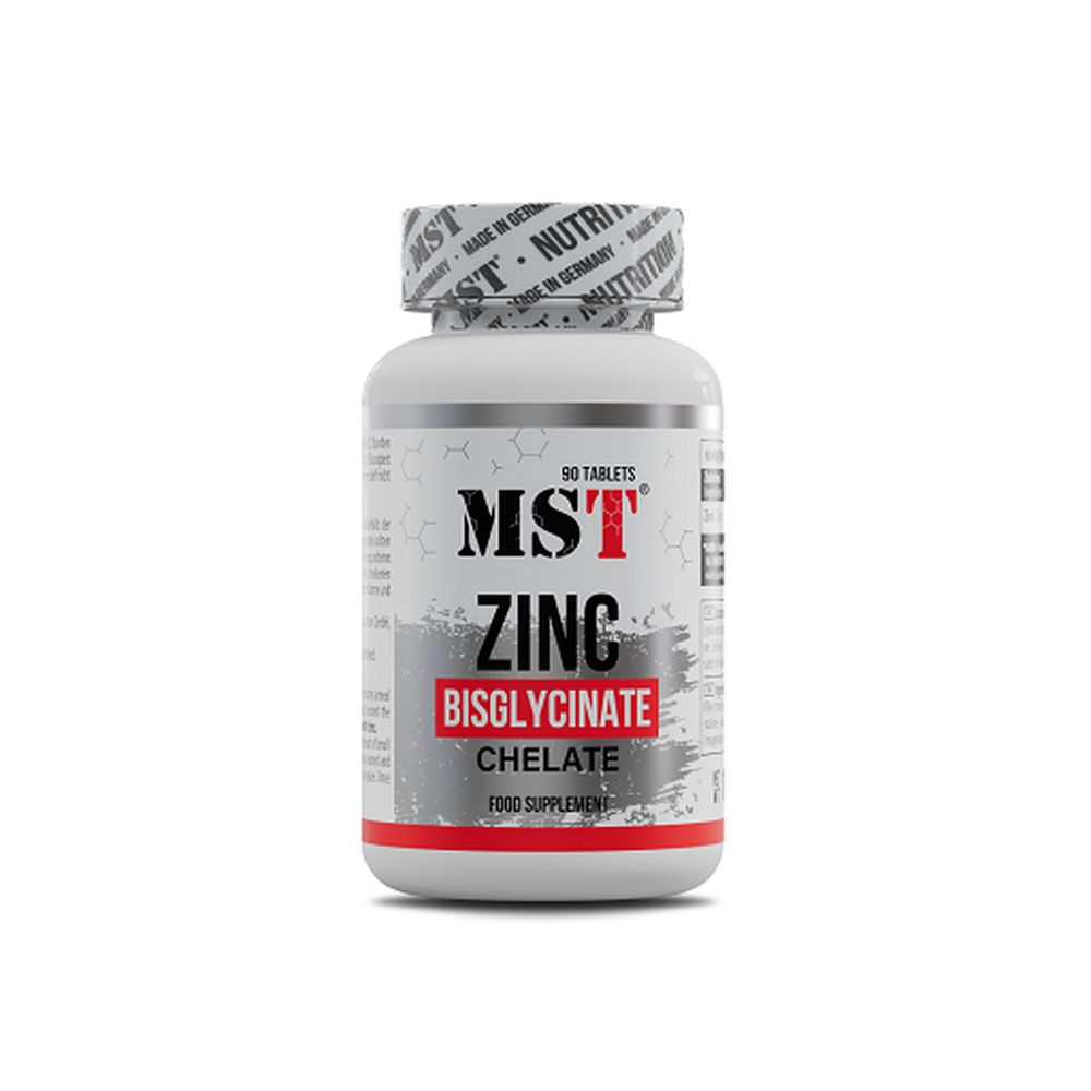 Weiße Flasche mit rotem Deckel und Etikett. Aufschrift: MST Zink Bisglycinate Chelate. 90 Tabletten. Nahrungsergänzungsmittel.