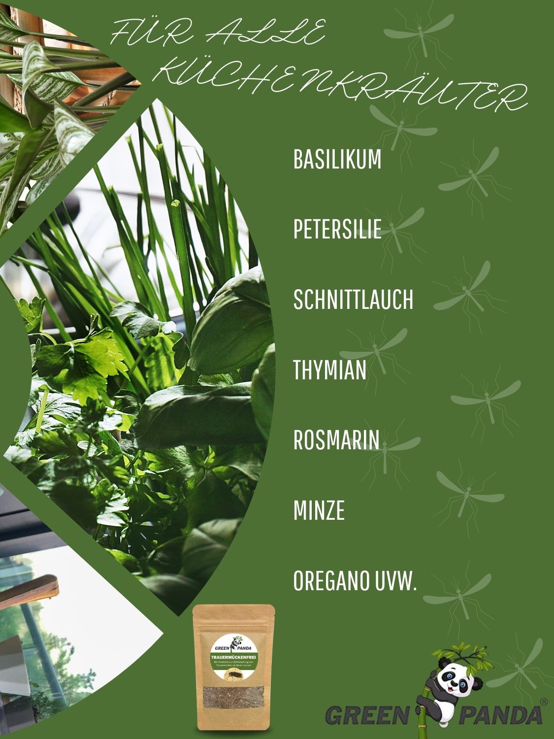 Grüner Flyer mit Pflanzen und Produkt. Text: Für alle Küchenkräuter. GreenPanda Trauermückenfrei im Beutel.