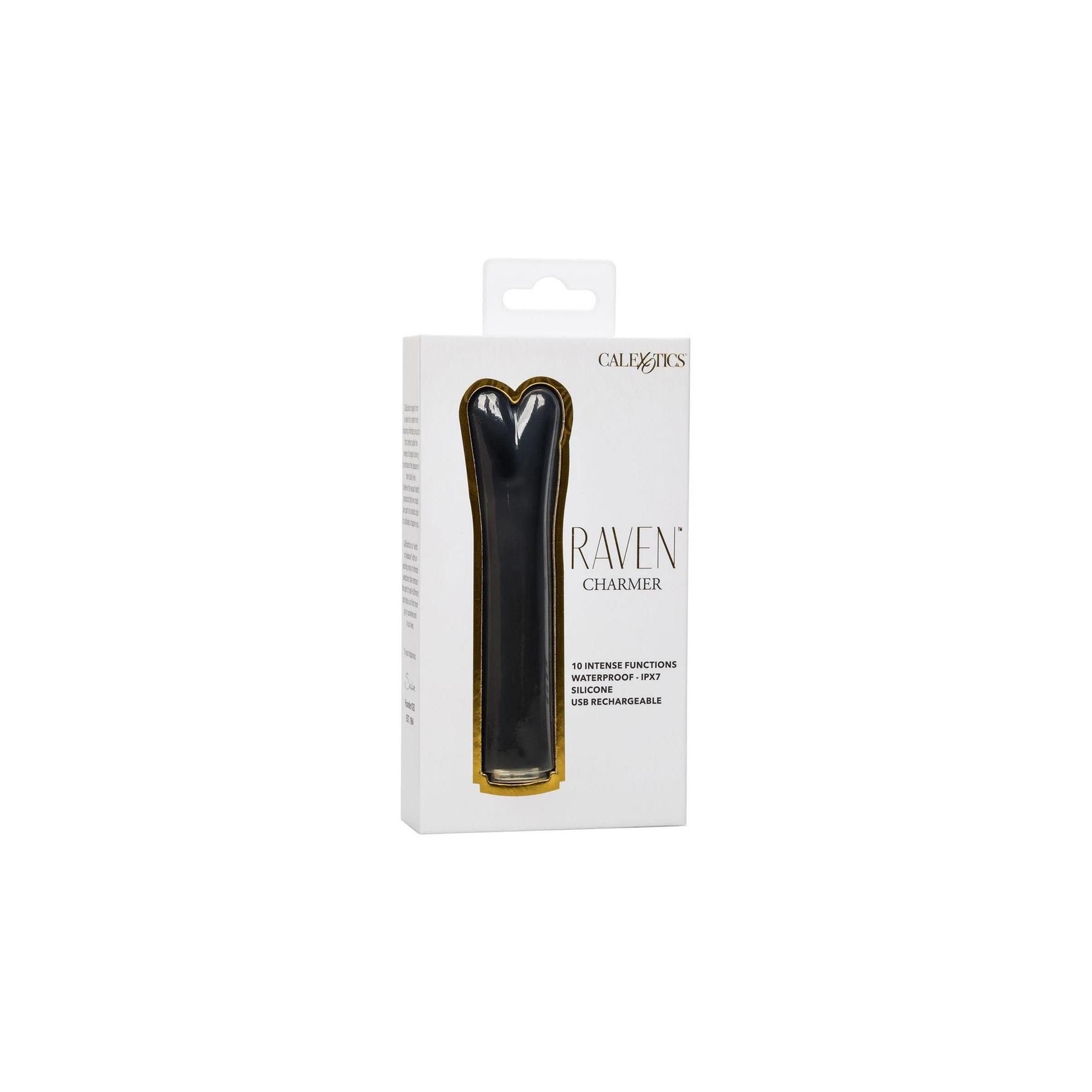 Schwarzes Wellness-Produkt in Verpackung. Aufschrift: RAVEN CHARMER. 10 Funktionen, Silikon, USB-aufladbar.