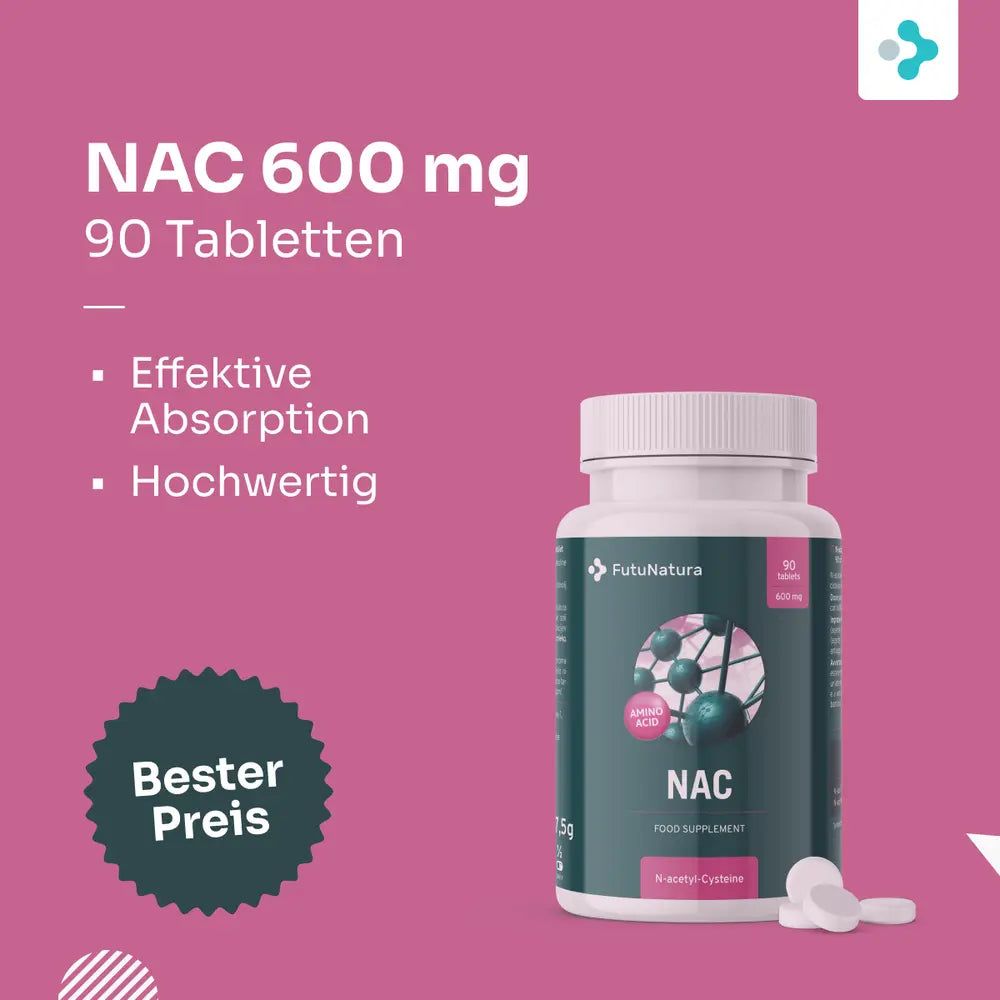 Flasche NAC 600 mg, 90 Tabletten. Aufschrift: FutuNatura, NAC. Daneben liegen Tabletten. Hintergrund: rosa mit Text.