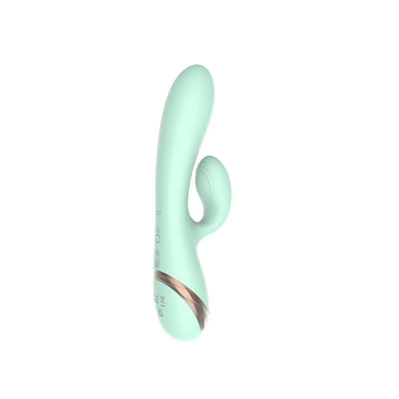 Mintfarbener Vibrator mit Hasenohren-Design. Kupferfarbener Akzent am unteren Ende. Drei Knöpfe.