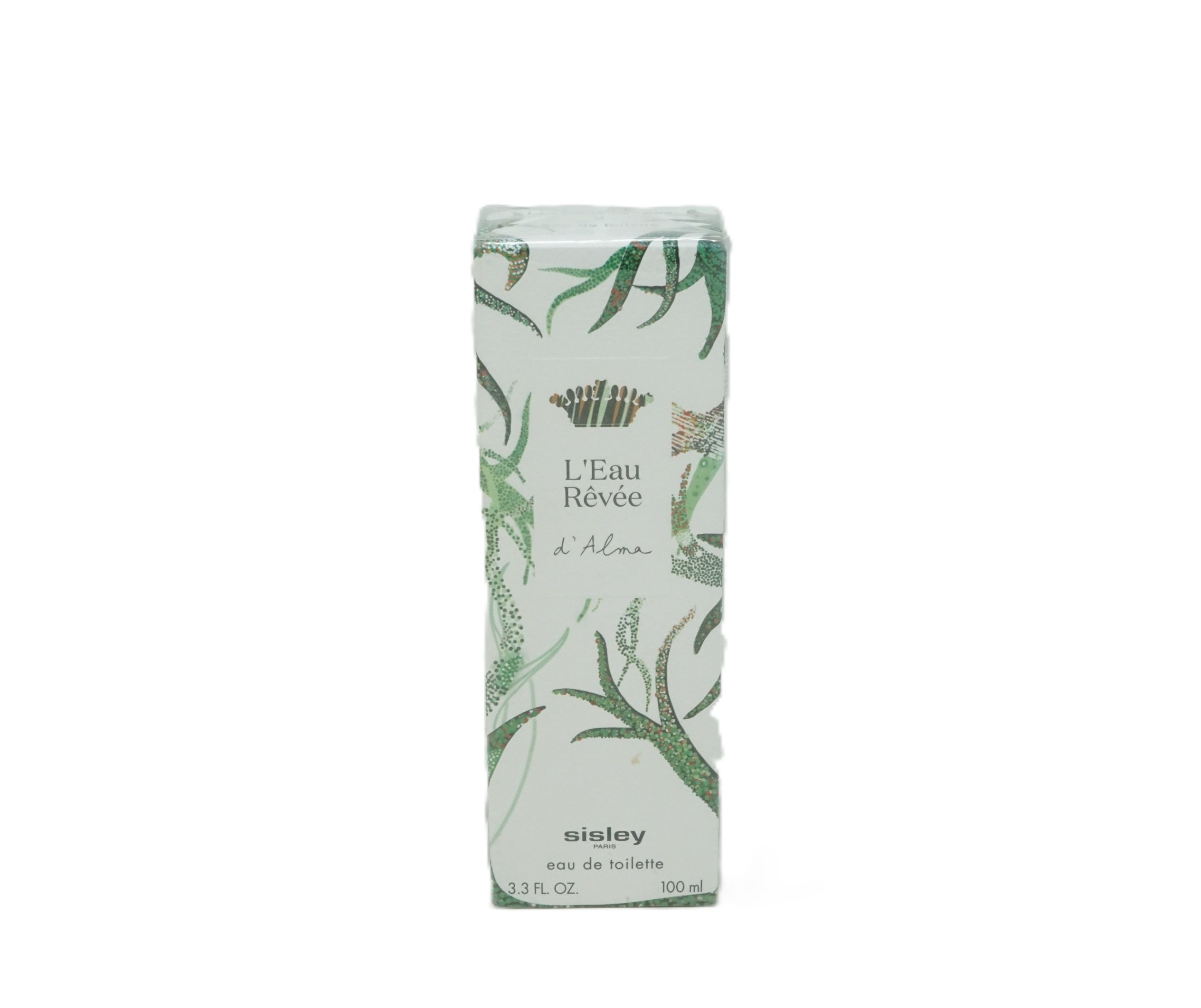Zylindrische Verpackung mit grünem Pflanzenmuster. Aufschrift: L'Eau Rêvée d'Alma, Sisley, Eau de Toilette.
