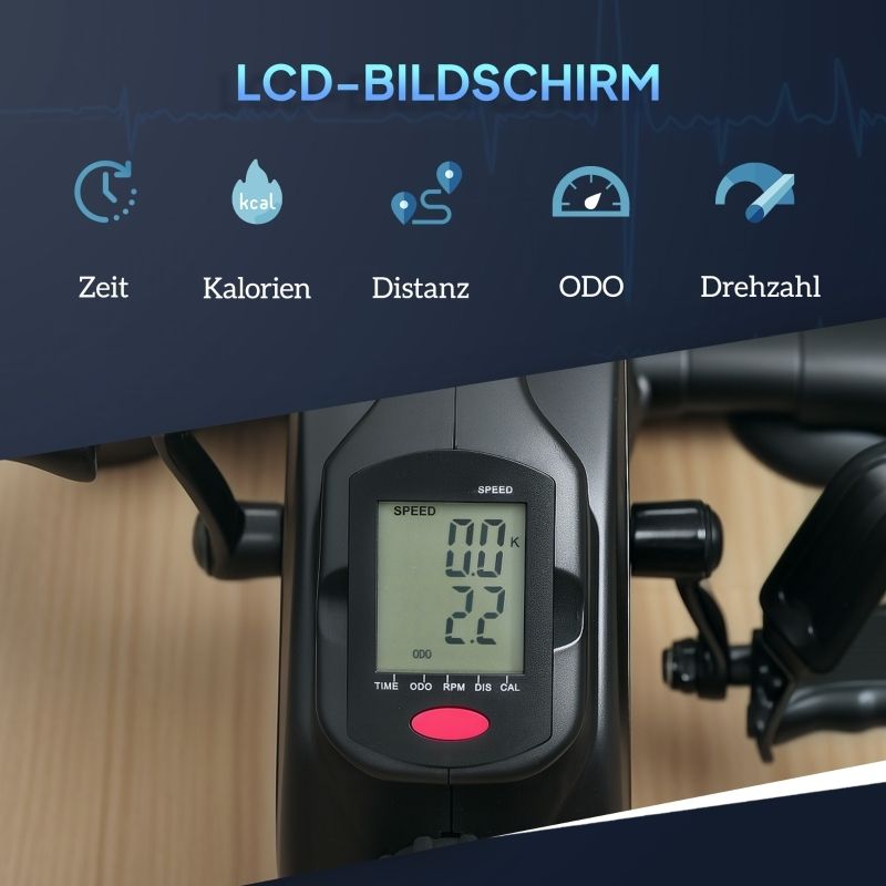 Nahaufnahme des LCD-Bildschirms. Zeigt Zeit, Kalorien, Distanz, ODO und Drehzahl an. Schwarzer Hintergrund.
