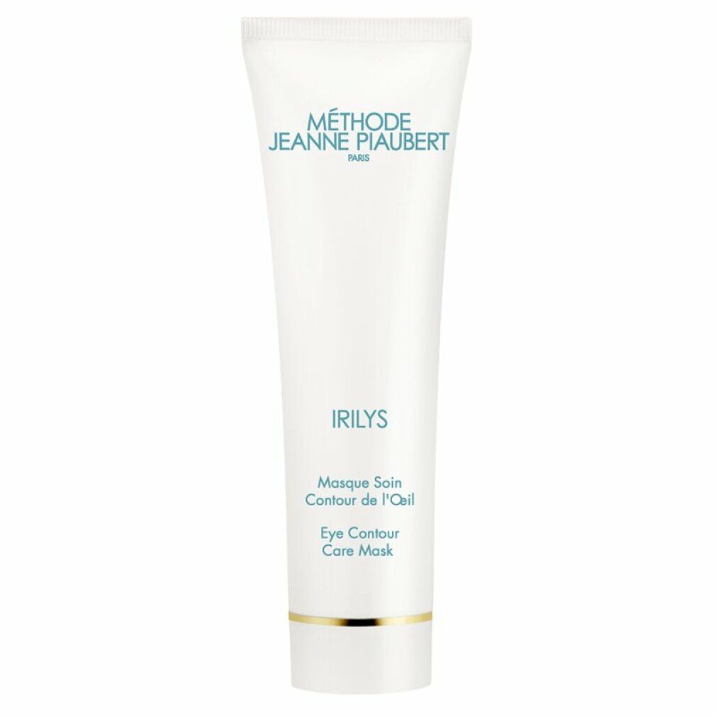 Weißer Tubenbehälter mit Irilys Augenmaske. Text: Méthode Jeanne Piaubert, Irilys, Masque soin contour de l'œil, Eye contour care mask.