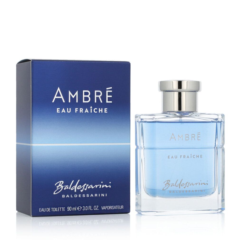 Parfümflakon und Schachtel. Flakon: blau, silberner Verschluss. Aufschrift: Ambre Eau Fraîche, Baldessarini. Schachtel: blau.