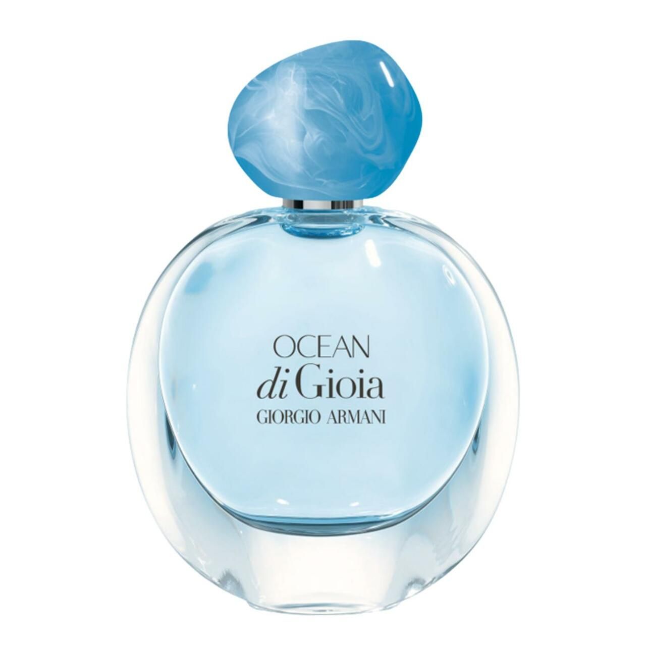Runder Flakon mit blauem Inhalt und blauem Verschluss. Schriftzug: Ocean di Gioia, Giorgio Armani.