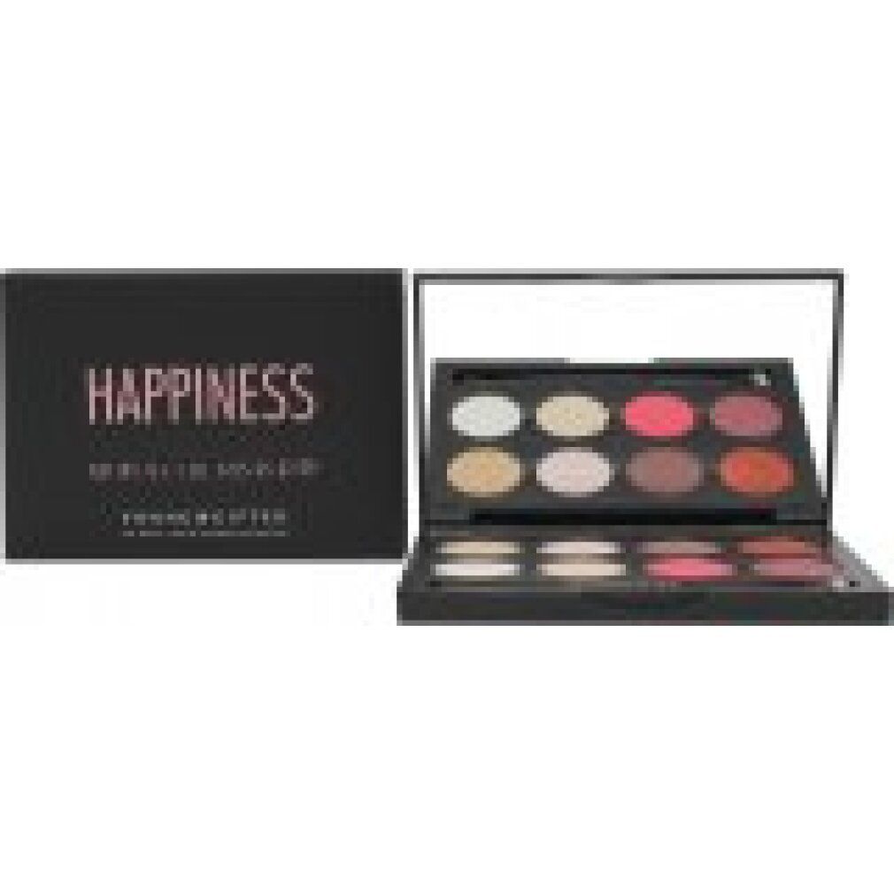 Lidschatten-Palette mit Spiegel. Schwarze Verpackung mit "HAPPINESS"-Schriftzug. 8 Farben in der Palette.