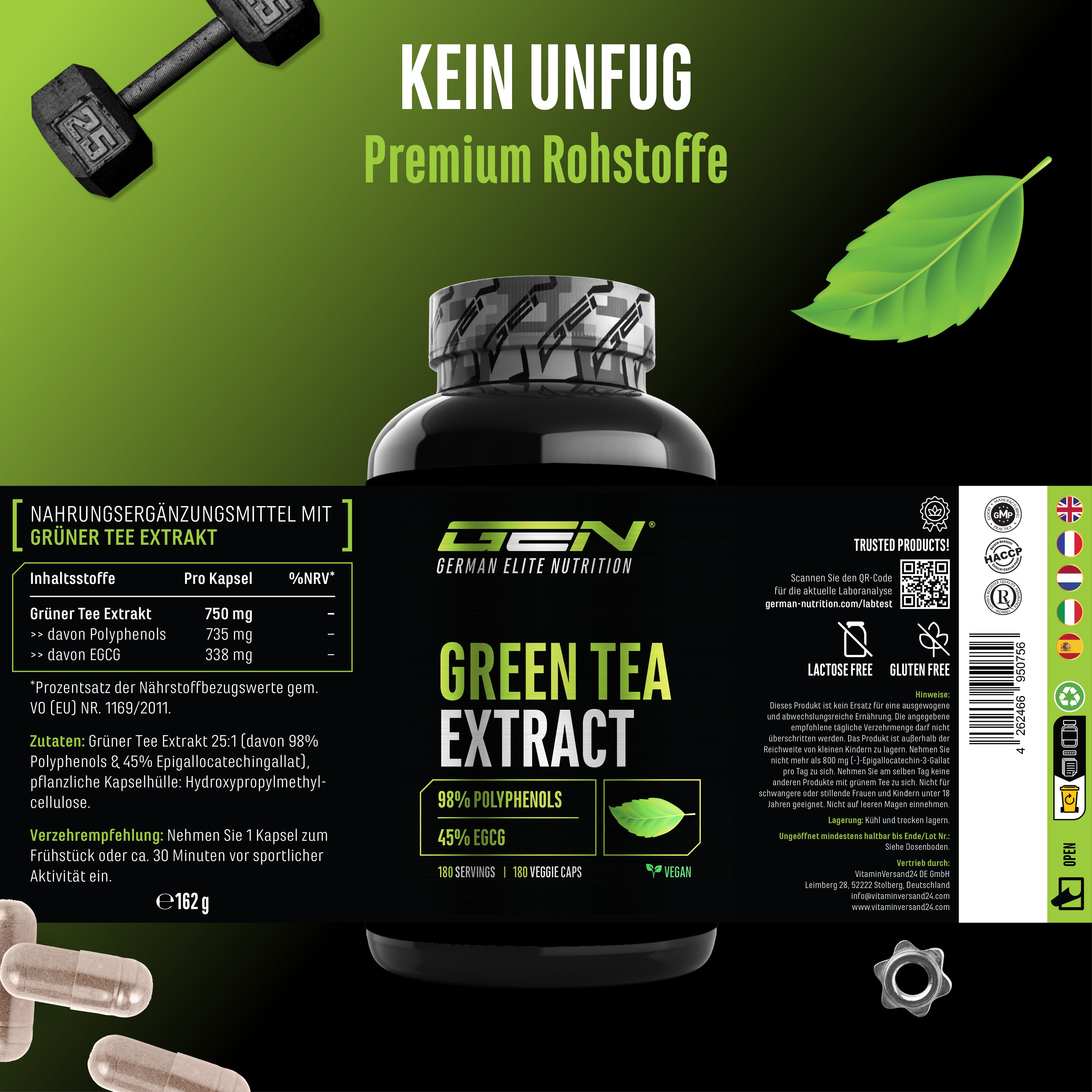 GEN Green Tea Extract Flasche mit Etikett. Text: Nahrungsergänzungsmittel, 98% Polyphenole, 45% EGCG. Inhaltsstoffe und Nährwertangaben.