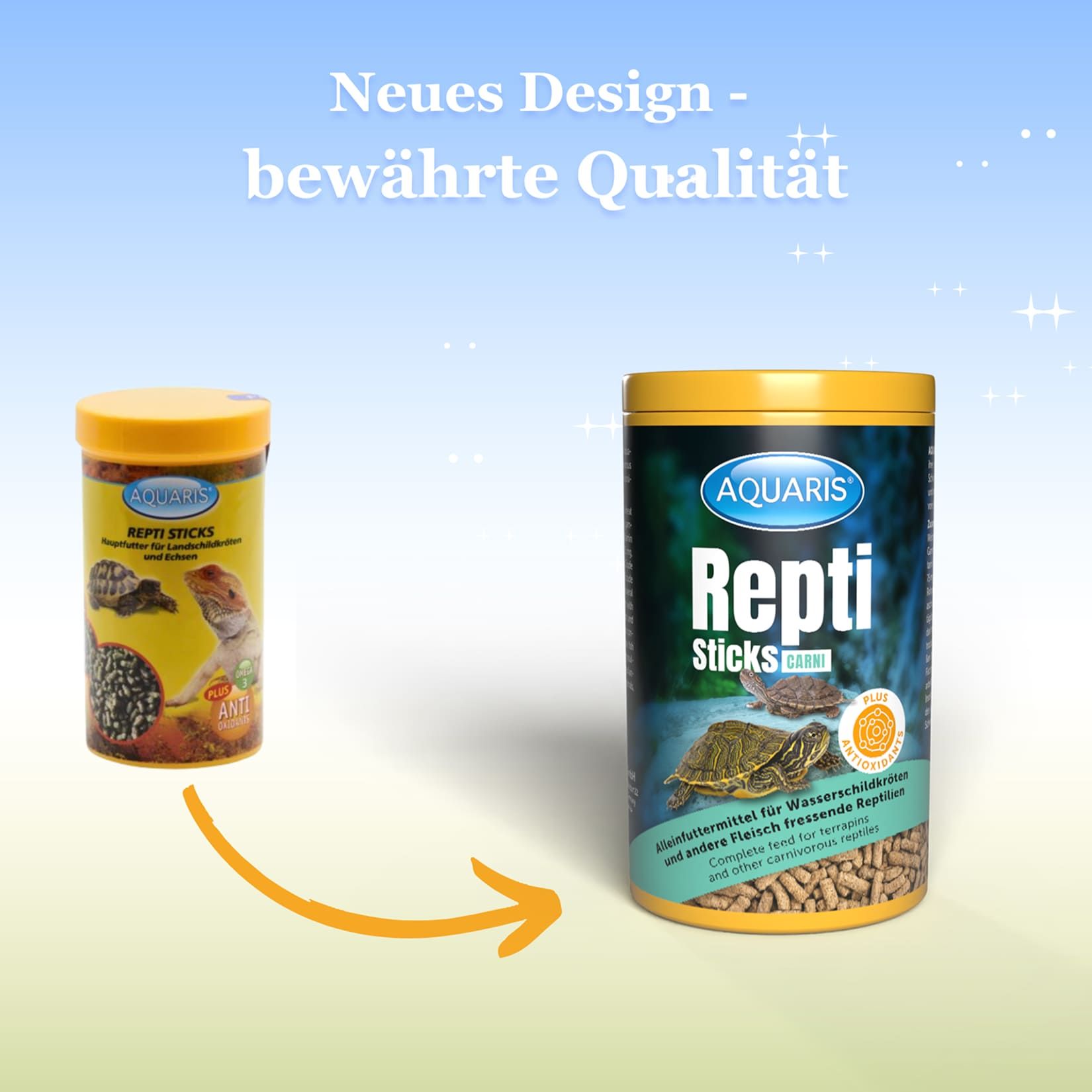 Zwei Dosen AQUARIS Repti Sticks. Eine Dose mit gelbem Deckel, die andere mit blauem Hintergrund. Text: Repti Sticks, Schildkrötenfutter.