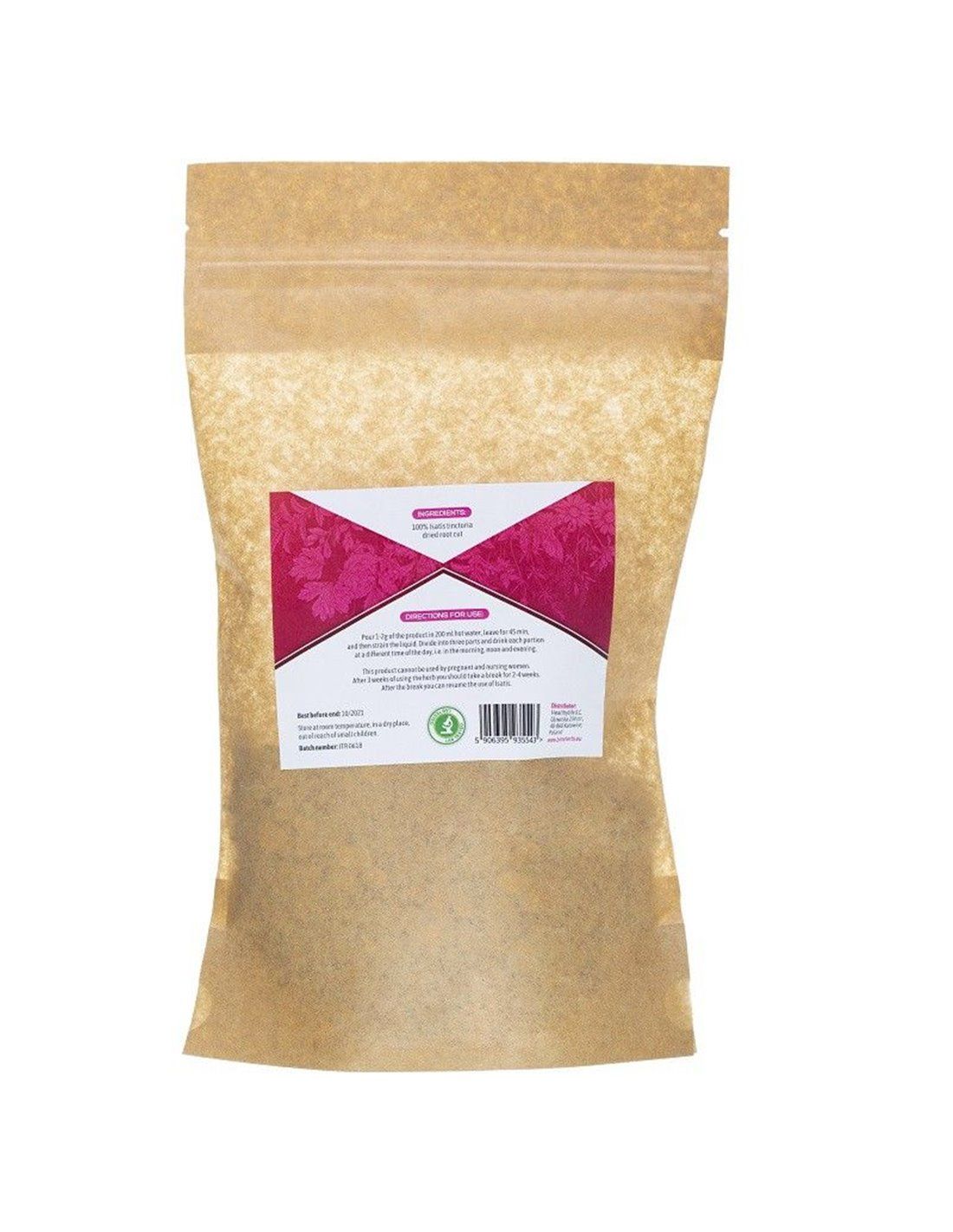 Beutel mit geschnittenem Färberwaid. Aufdruck mit Logo und Produktbezeichnung. Braune Papierverpackung.
