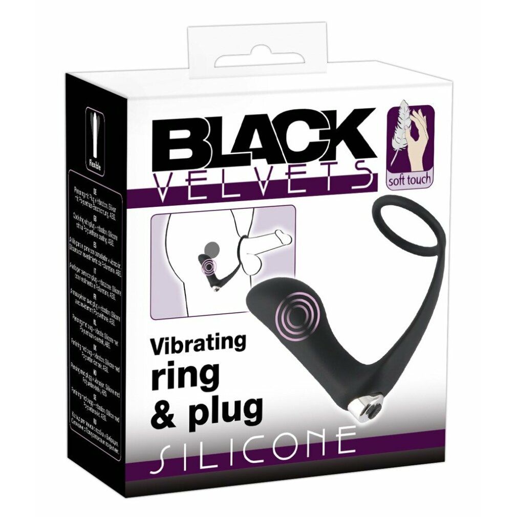 Verpackung von Black Velvets. Zeigt einen Penisring mit Analplug. Text: Vibrating ring & plug SILICONE.