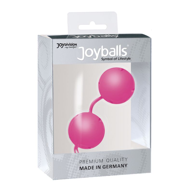 Zwei rosafarbene Kugeln, verbunden durch einen Stiel, in einer Verpackung. Aufschrift: Joyballs, Premium Quality, Made in Germany.
