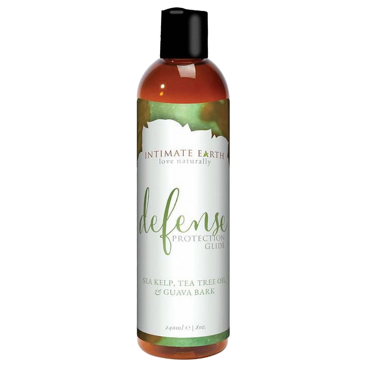 Flüssigkeit in einer Flasche mit schwarzem Deckel. Etikett mit "Intimate Earth Defense" und Inhaltsstoffen.