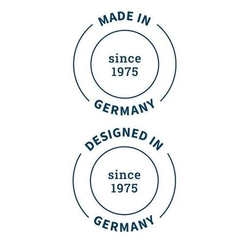 Zwei runde Siegel. Oben: 'Made in Germany since 1975'. Unten: 'Designed in Germany since 1975'.