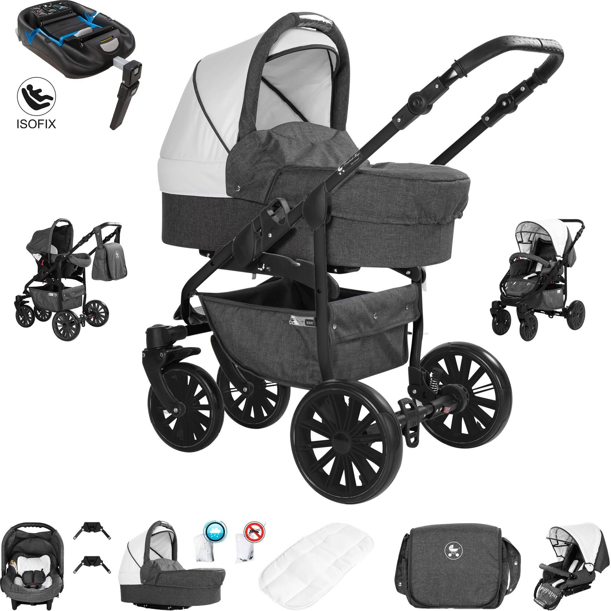 Friedrich Hugo Berlin 4 in 1 Kinderwagen & ISOFIX GEL Reifen, Dark Grey and White Night