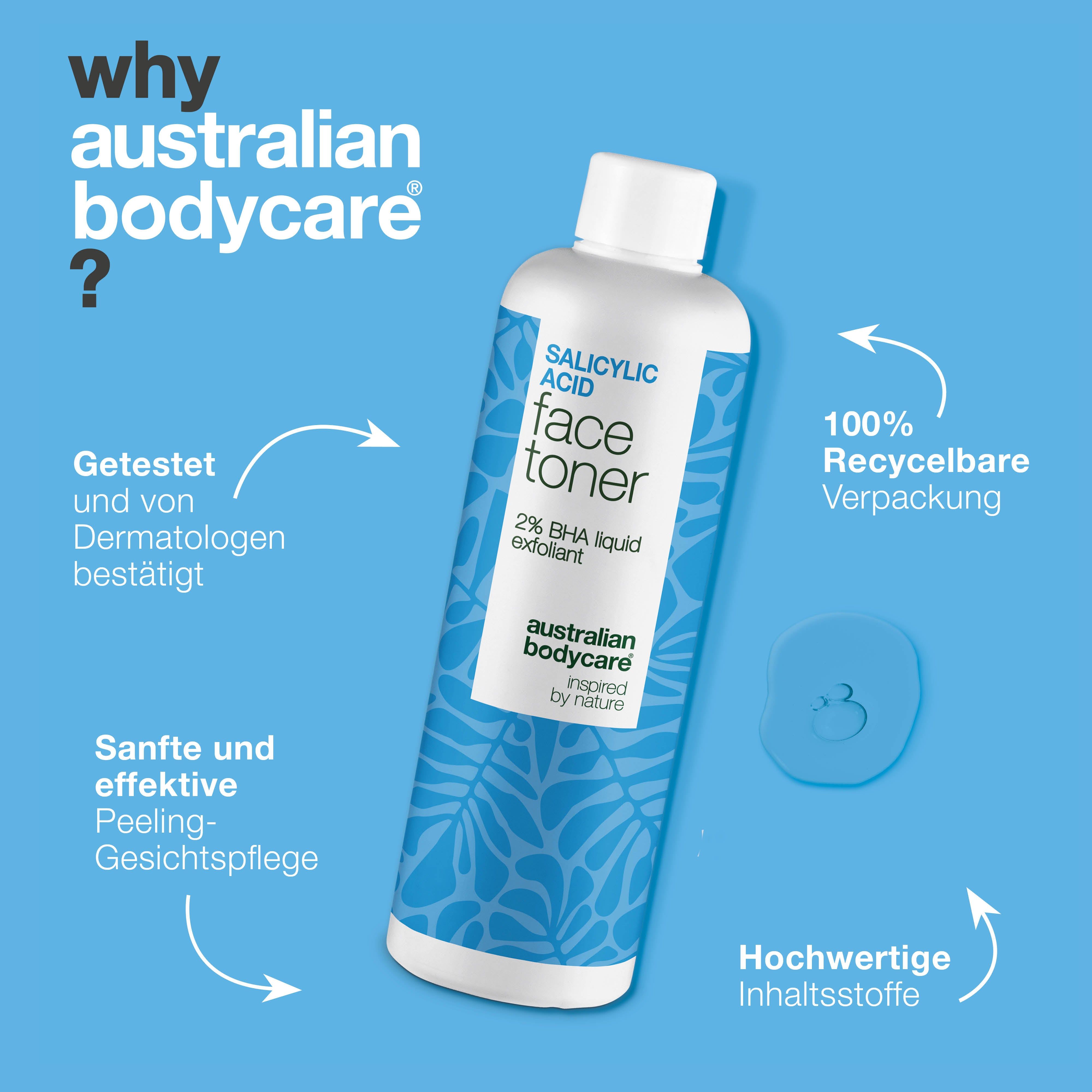 Flasche: Salicylsäure Face Toner, 2% BHA liquid exfoliant. Marke: Australian Bodycare. Text: Warum Australian Bodycare? 100% recycelbar.