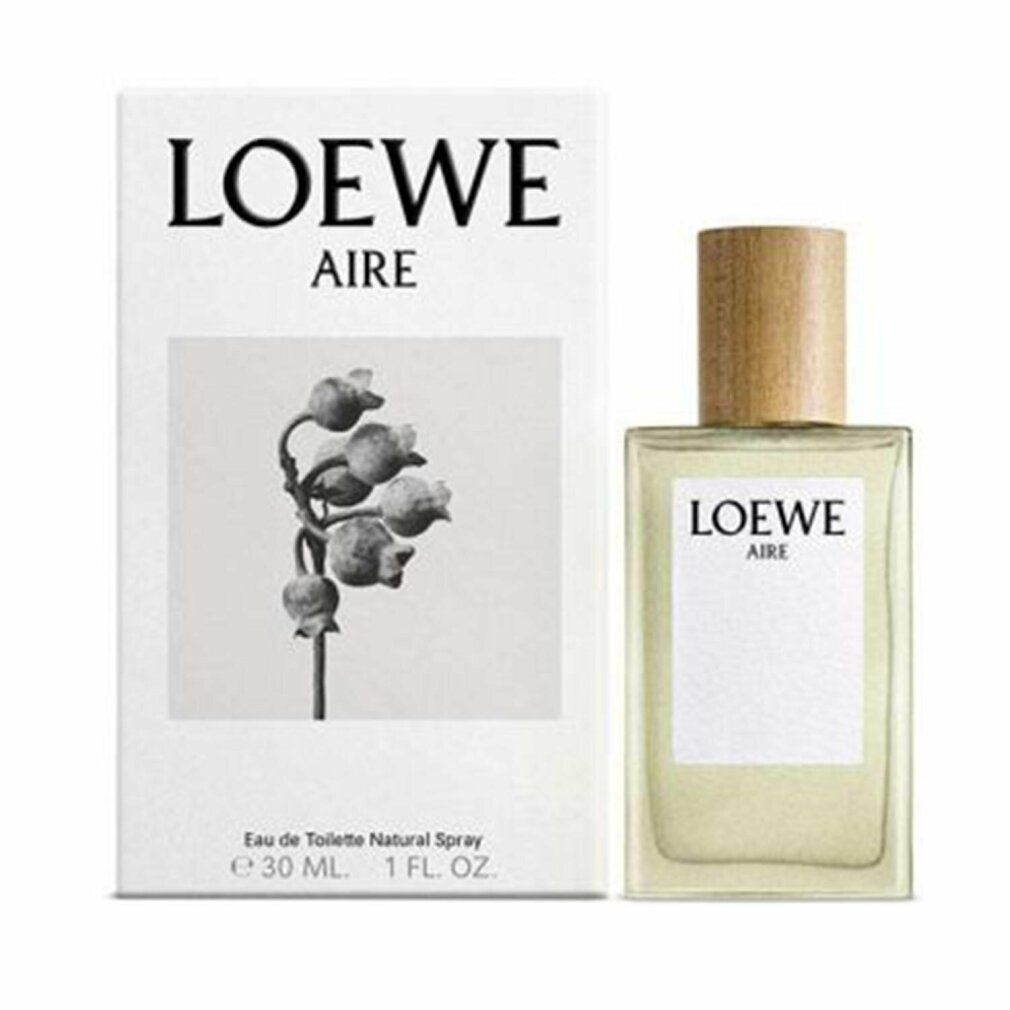 Flakon und Verpackung. Aufschrift LOEWE AIRE. Flakon mit Holzverschluss. Verpackung mit floralem Motiv.