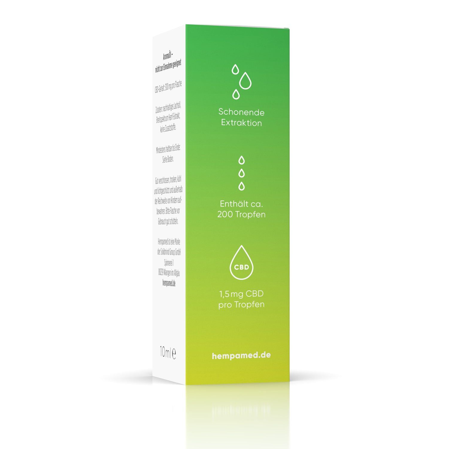 Produktverpackung, Seitenansicht. Text: Schonende Extraktion, Enthält ca. 200 Tropfen, 1,5 mg CBD pro Tropfen.