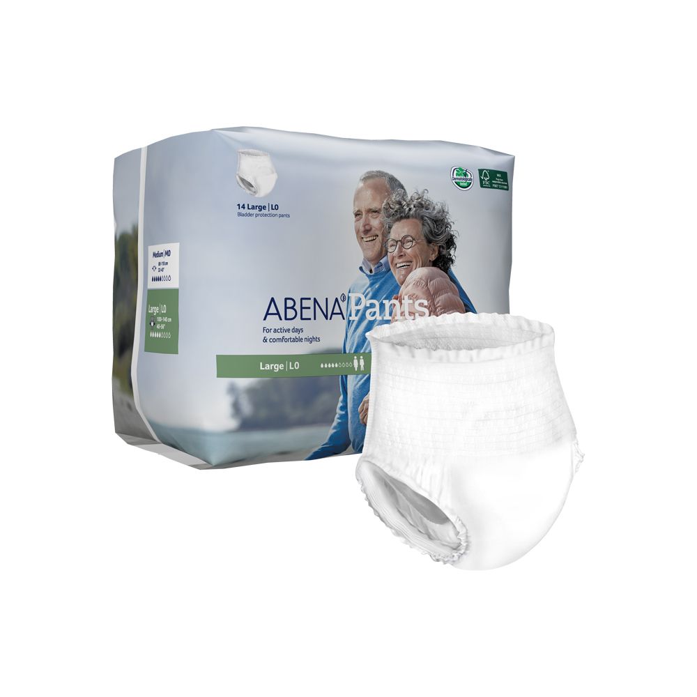 Abena Pants L. Weiße Inkontinenzhose. Packung mit Abena-Logo und Paar. Größe L. Für aktive Tage und Nächte.
