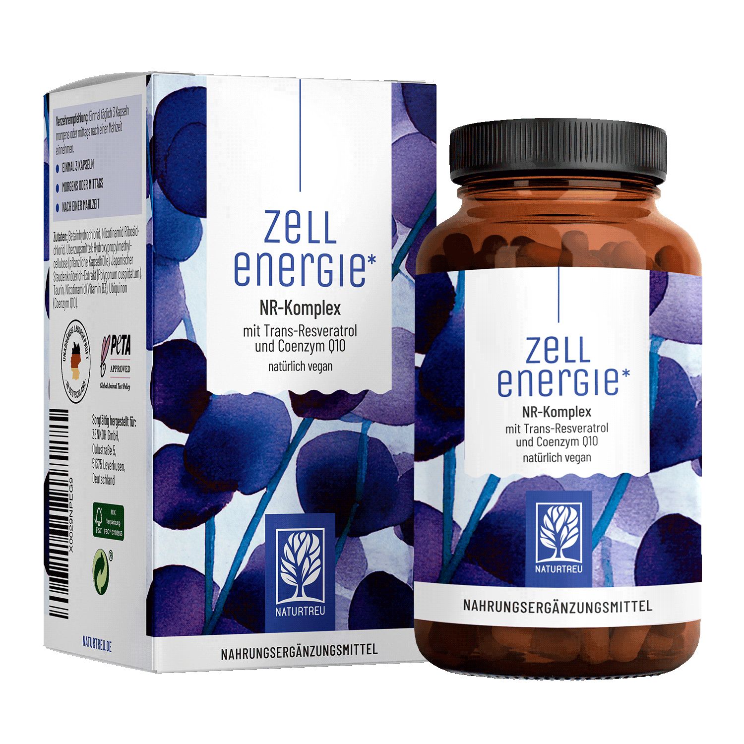 Braune Glasflasche und Karton mit Produktaufdruck. Aufschrift: ZELLENERGIE NR-Komplex. Vegan-Siegel.