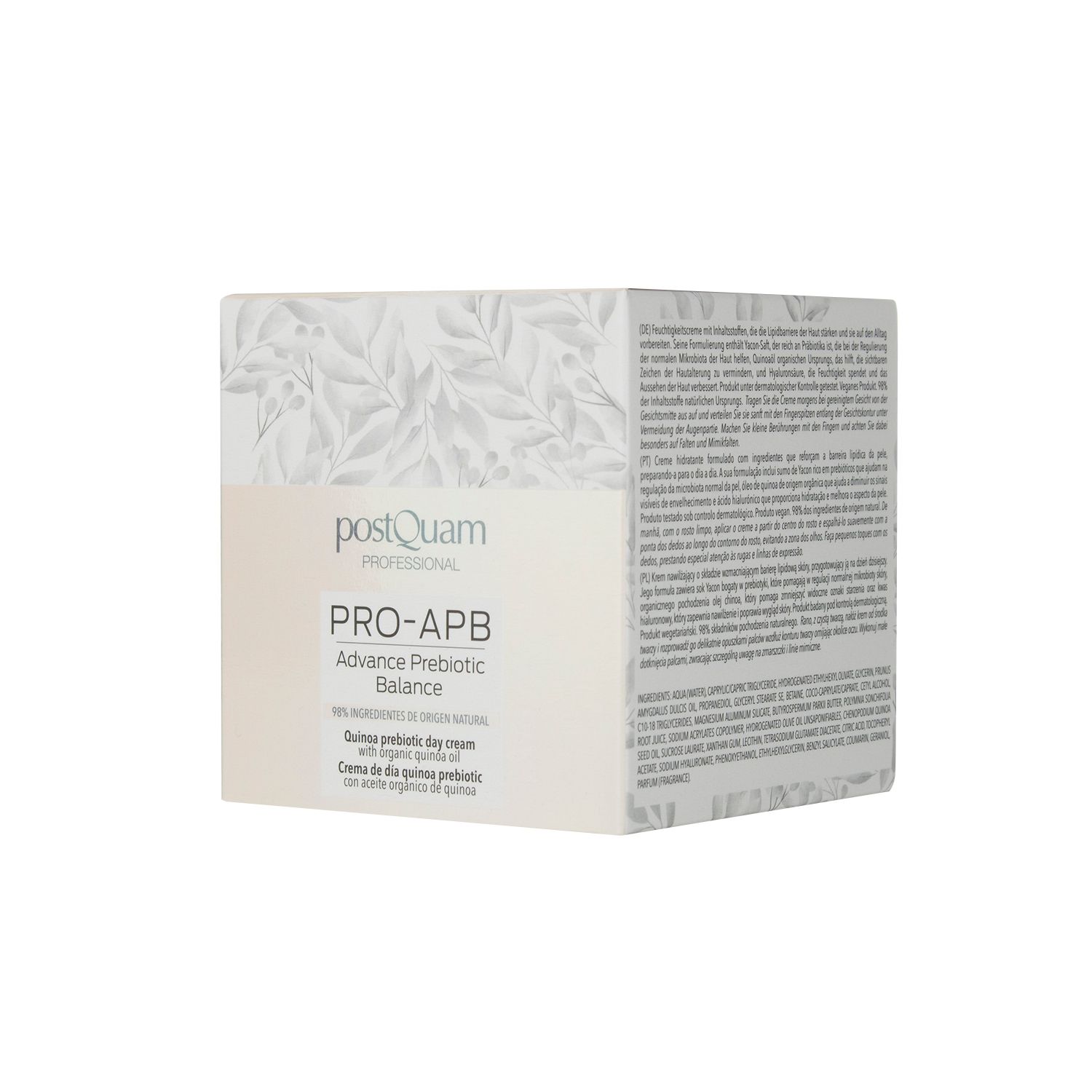 Karton mit Aufschrift: PRO-APB Advance Prebiotic Balance. Marke: postQuam. Text: Quinoa prebiotic day cream. Verpackung mit Blättermuster.