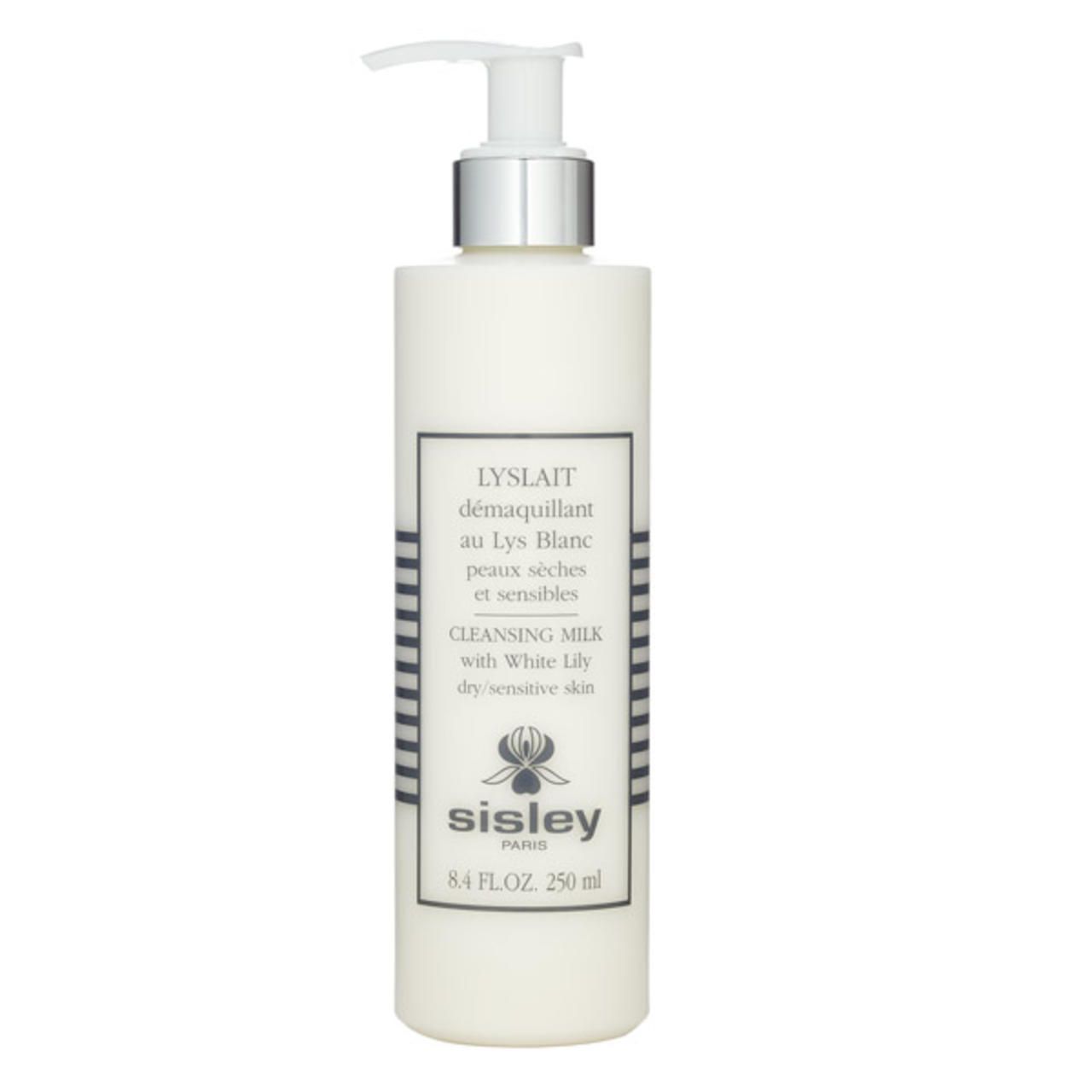 Weißes Sisley Lyslait Cleansing Milk mit Pumpe. Text auf Etikett: Lyslait, au Lys Blanc, peaux sèches et sensibles.