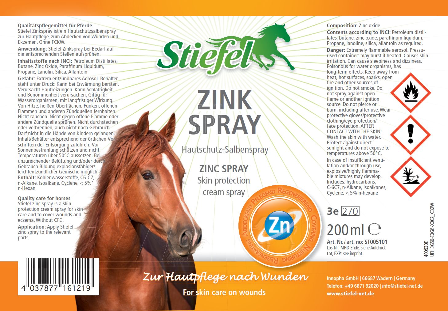 Etikett von Stiefel Zinkspray. Enthält Zinkoxid. Warnhinweise: leicht entzündlich, reizt die Haut. 200 ml.