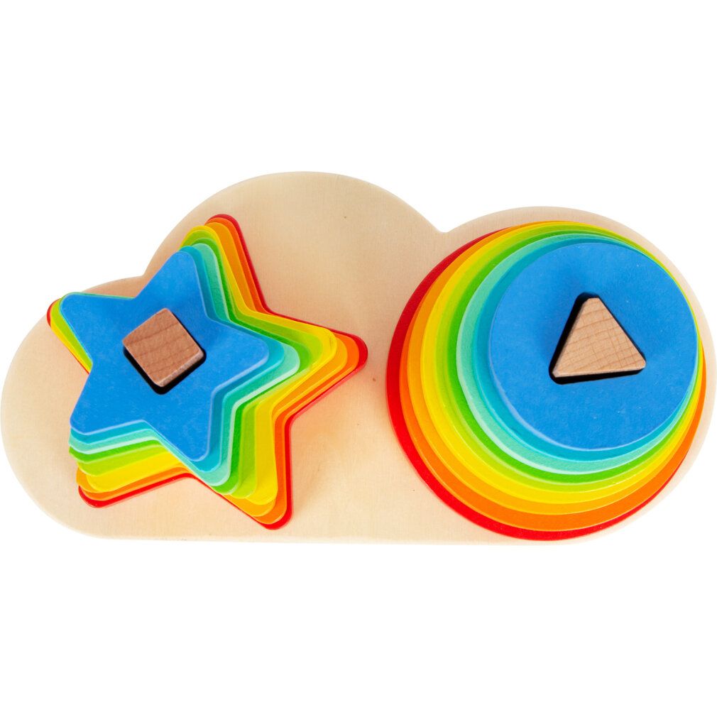 Draufsicht auf Holz-Steckspiel mit Stern- und Ringformen in Regenbogenfarben. Auf einer Holzbasis. Stern- und Ringformen.