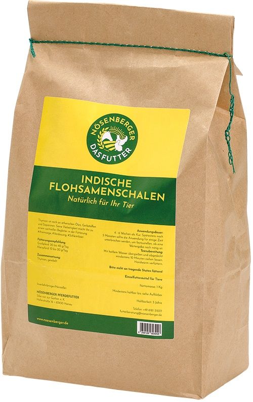 Braune Papiertüte mit gelbem Etikett. Aufschrift: Nösenberger, Indische Flohsamenschalen, natürlich für Ihr Tier.