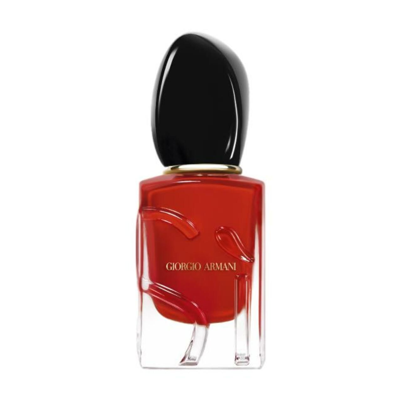 Roter Flakon mit schwarzem Deckel. Giorgio Armani Logo. Quadratische Form mit abgerundeten Ecken. Transparenter Glasboden.