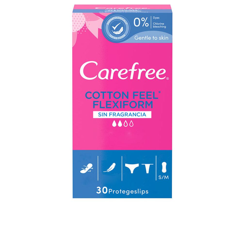 Carefree flexiform Slipeinlagen-Packung. Rosa-weißes Design. Enthält 30 Slipeinlagen. Text: "0% Dye Chlorine Bleaching".