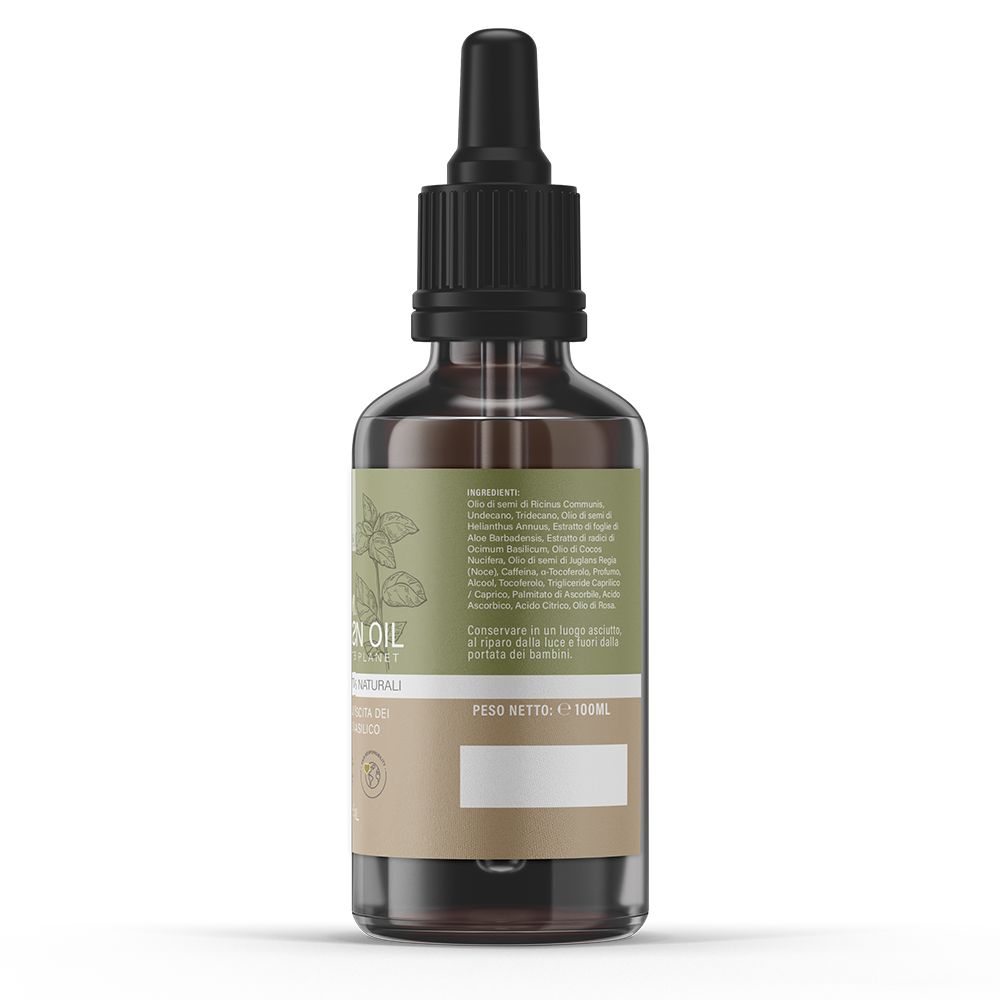 Retro del flacone di vetro marrone con contagocce nero. Etichetta con ingredienti e peso netto: 100 ml.