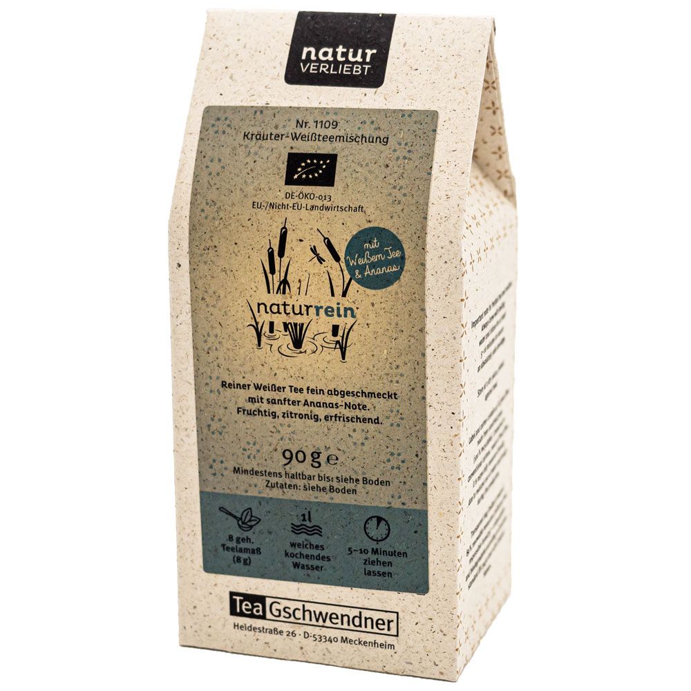 Beutel TeeGschwendner NATURrein Bio. Aufdruck: naturverliebt, naturrein, Kräuter-Weißteemischung, EU-Bio-Logo, 90g.