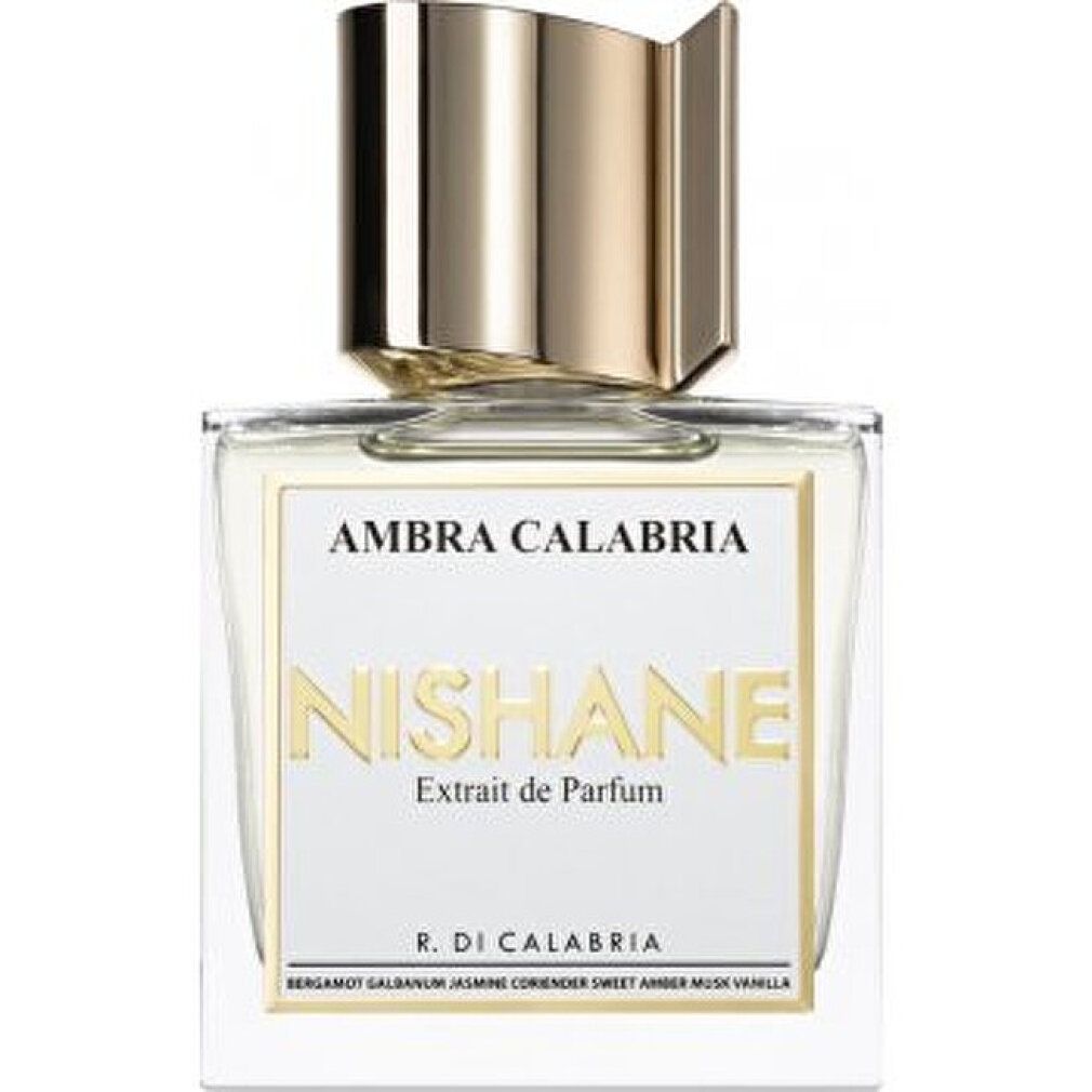Quadratischer Parfümflakon mit goldenem Verschluss. Aufschrift: Ambra Calabria, Nishane, Extrait de Parfum, R. Di Calabria.
