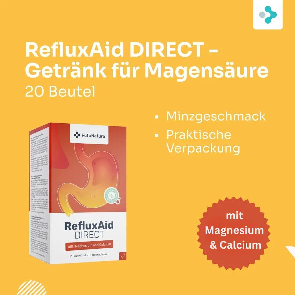 Produktverpackung mit Logo und Produktname. Abbildung des Magens. Text: Minzgeschmack, Praktische Verpackung, mit Magnesium & Calcium.