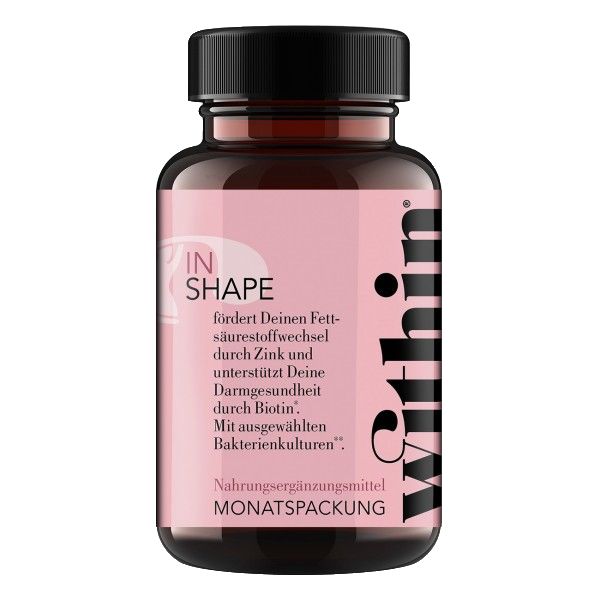 Braune Glasflasche mit schwarzem Deckel und rosa Etikett. Aufschrift: IN SHAPE, within. Nahrungsergänzungsmittel.