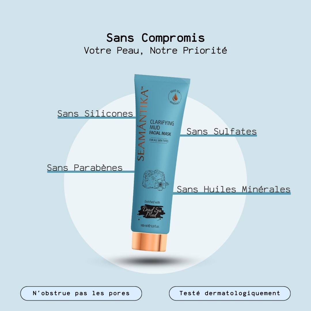 Tube bleu turquoise. Inscription : SEAMANTIKA, Clarifying Mud Facial Mask. Avec textes : Sans silicones, sulfates, parabènes, huiles minérales.
