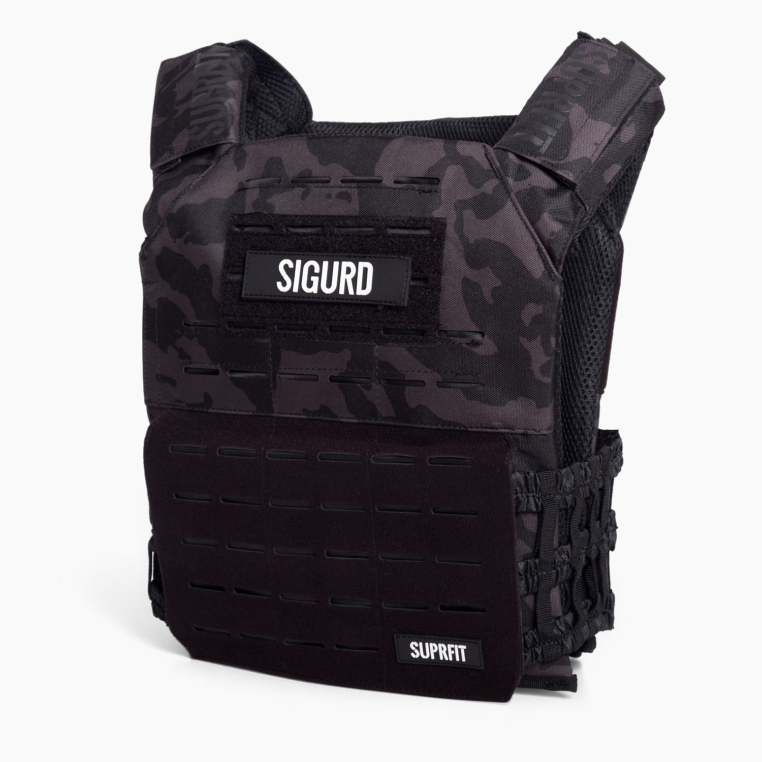 Gewichtsweste mit Camouflage-Muster. Aufschrift "SIGURD" und "SUPRfit".